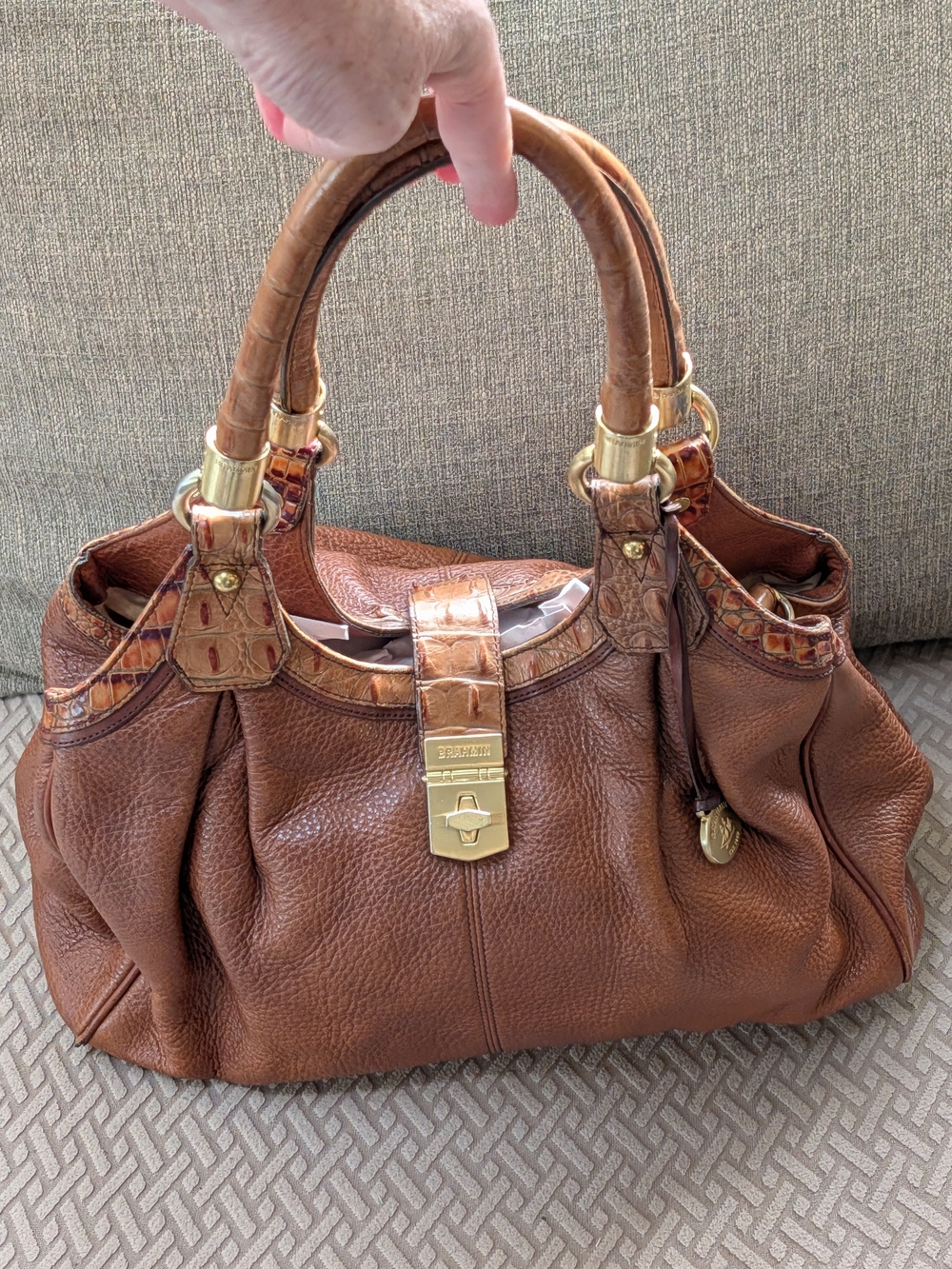 Brahmin Cognac Pebbled Leather Shoulder Bag with Gold Hardware